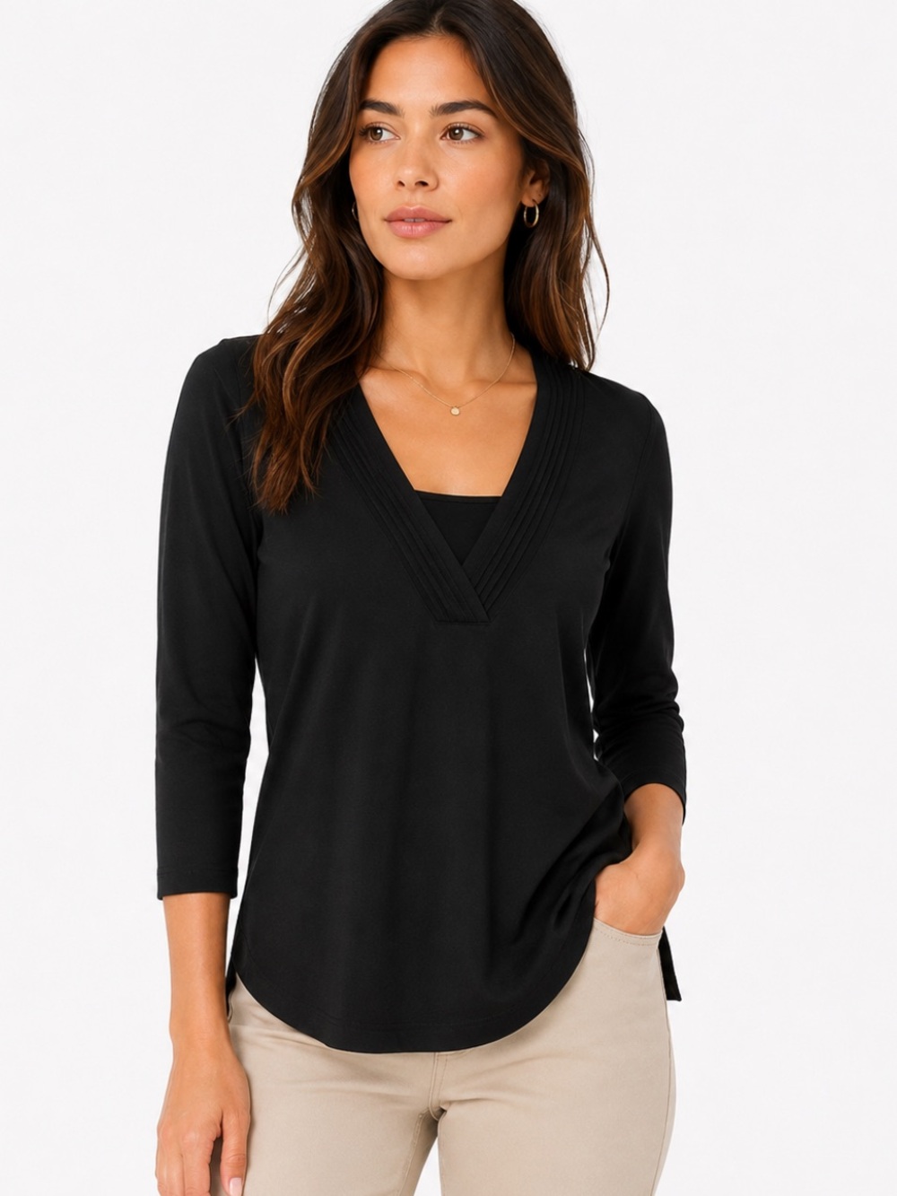 Geoffrey Beene Sport Black V-Neck Knit Top 3/4 Sleeve Stretch Size M
